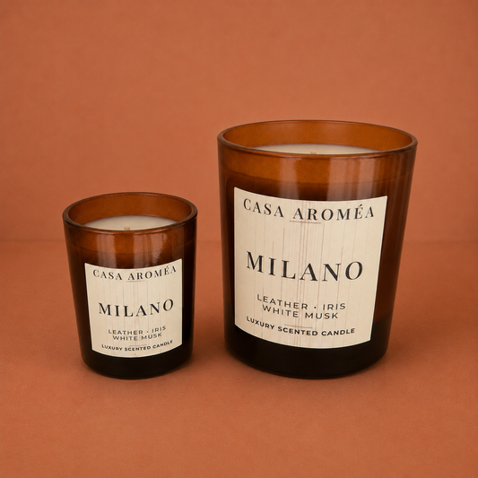 Milano Small and Large scented candles by Casa Aroméa in amber glass vessels against a warm terracotta and cocoa-toned textured background
