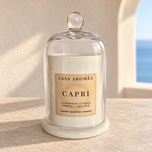 Casa Aroméa Capri candle in an ivory vessel beneath a clear glass cloche, on a pale stone surface.