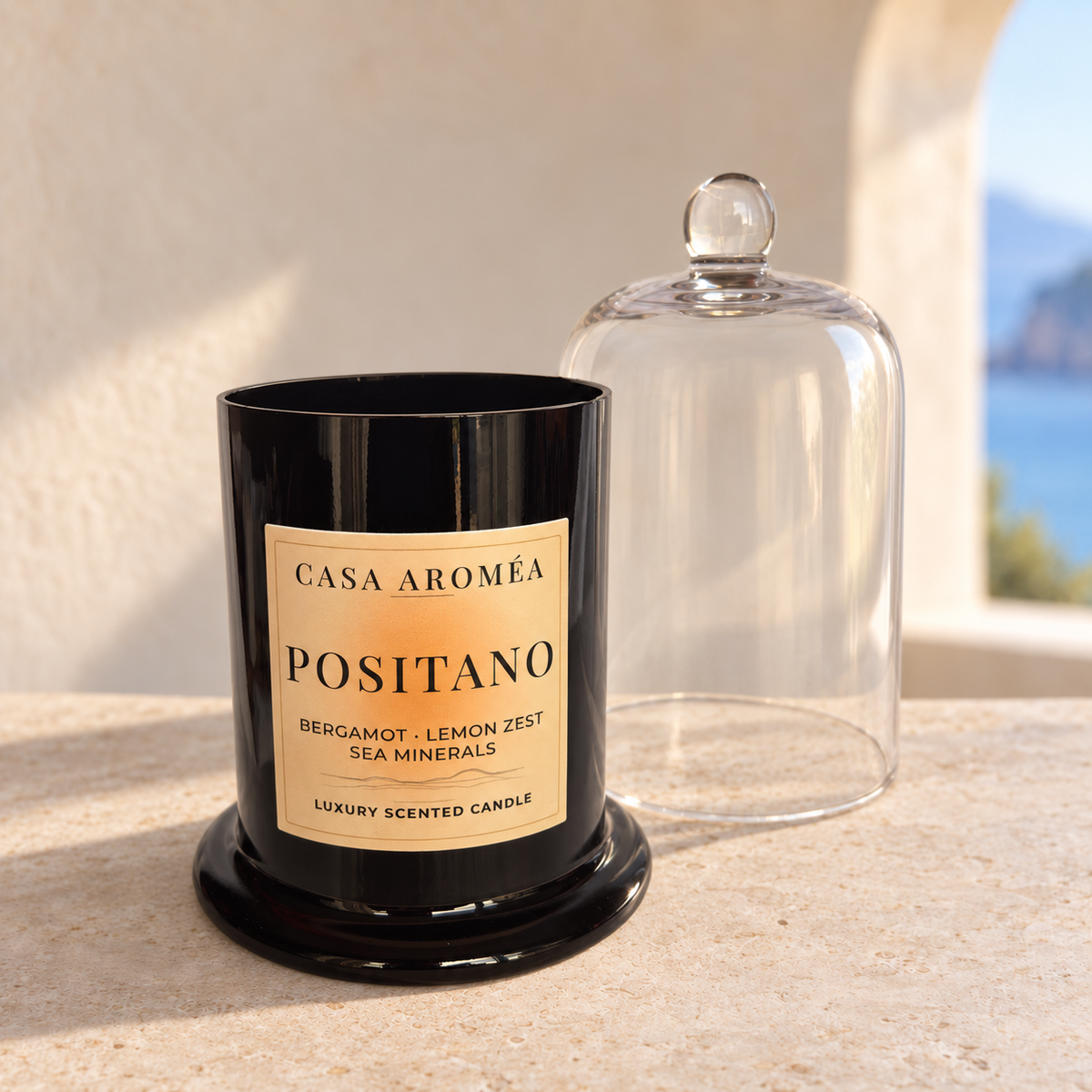 Casa Aroméa Positano candle in a dark amber vessel on a dark base, with the glass cloche beside it.
