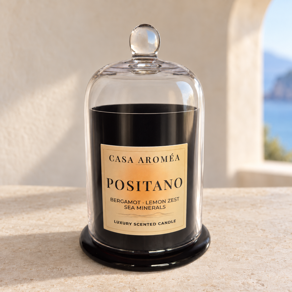 Casa Aroméa Positano candle in a dark amber vessel beneath a clear glass cloche, on a pale stone surface.