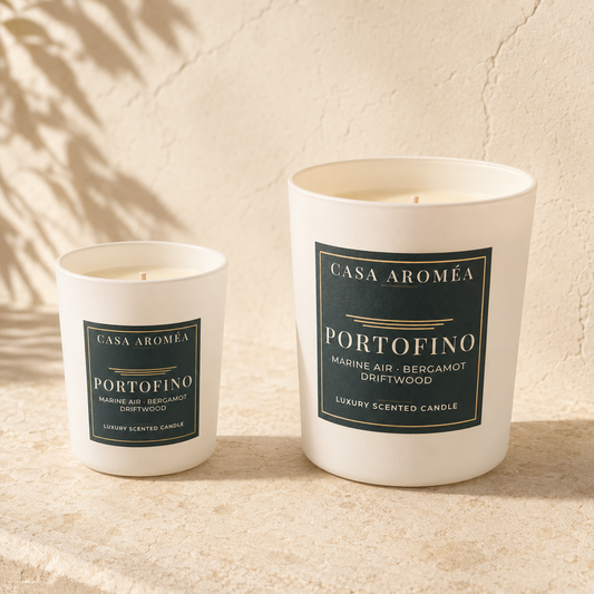 Portofino Small and Large scented candles by Casa Aroméa in white glass vessels against a warm Mediterranean-inspired textured background