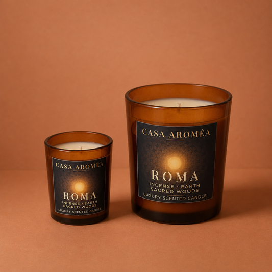 Roma Small and Large scented candles by Casa Aroméa in amber glass vessels against a warm terracotta and cocoa-toned textured background